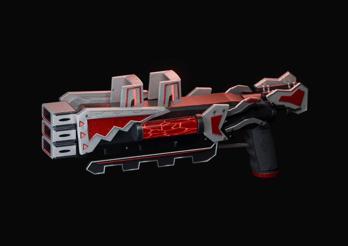 Current Discharge authoring render, a red-and-silver three-channel fictional shotgun